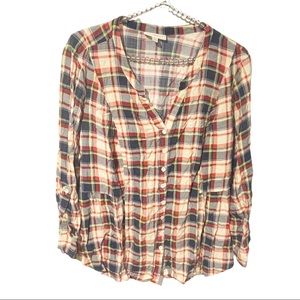 ModCloth Plus Size 2X Womens Tunic Red Blue Plaid Button‎ Front Long Sleeve Top